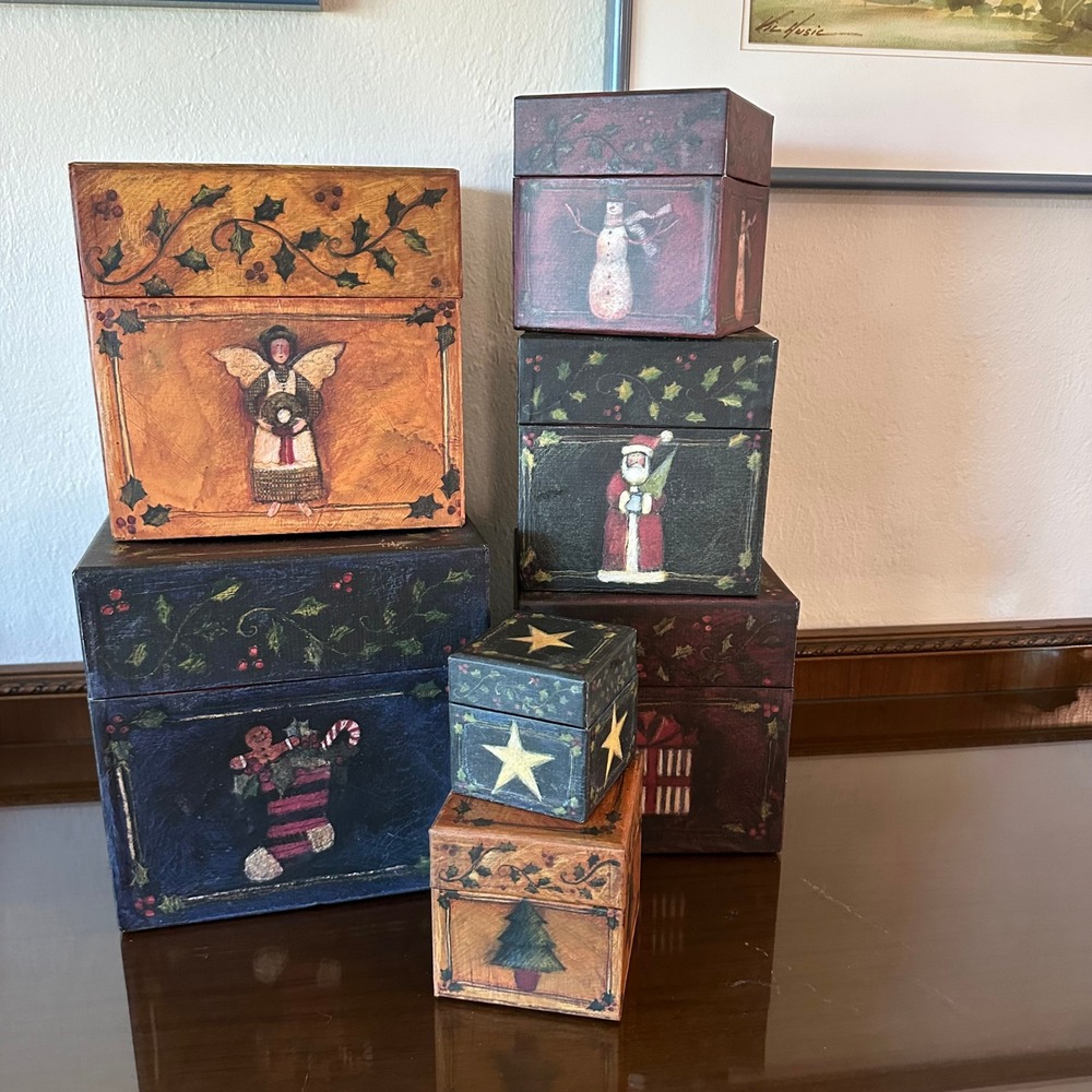 Bobs Boxes Primitive Colors Christmas Nesting Box Set 7pc Susan Winget Art